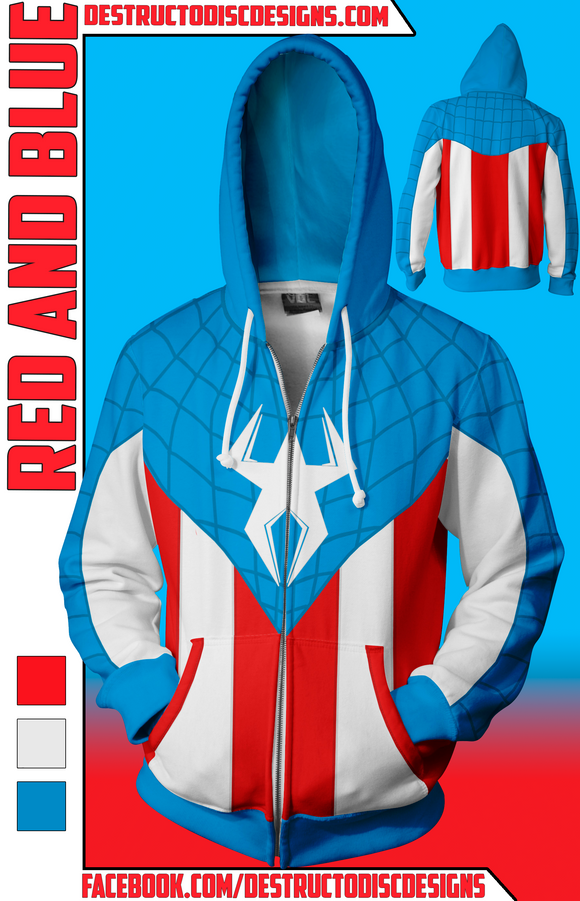 Red white top blue hoodie